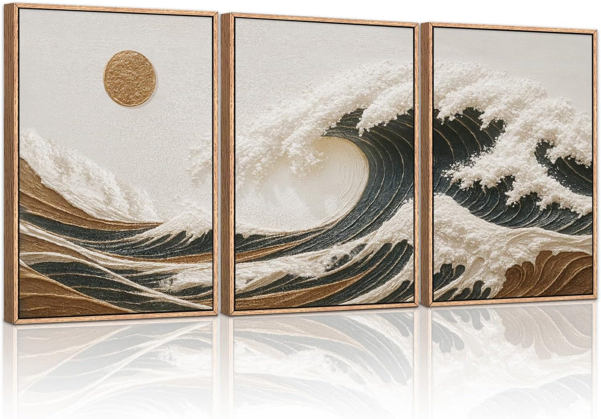 HLNIUC Sea Wave Framed Canvas Wall Art,Abstract Sun Seascape Wall Decor Set of 3(16”x24”) Large