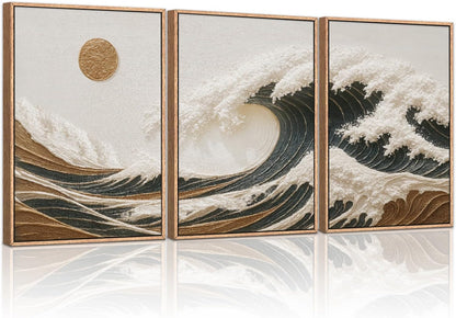 HLNIUC Sea Wave Framed Canvas Wall Art,Abstract Sun Seascape Wall Decor Set of 3(16”x24”) Large