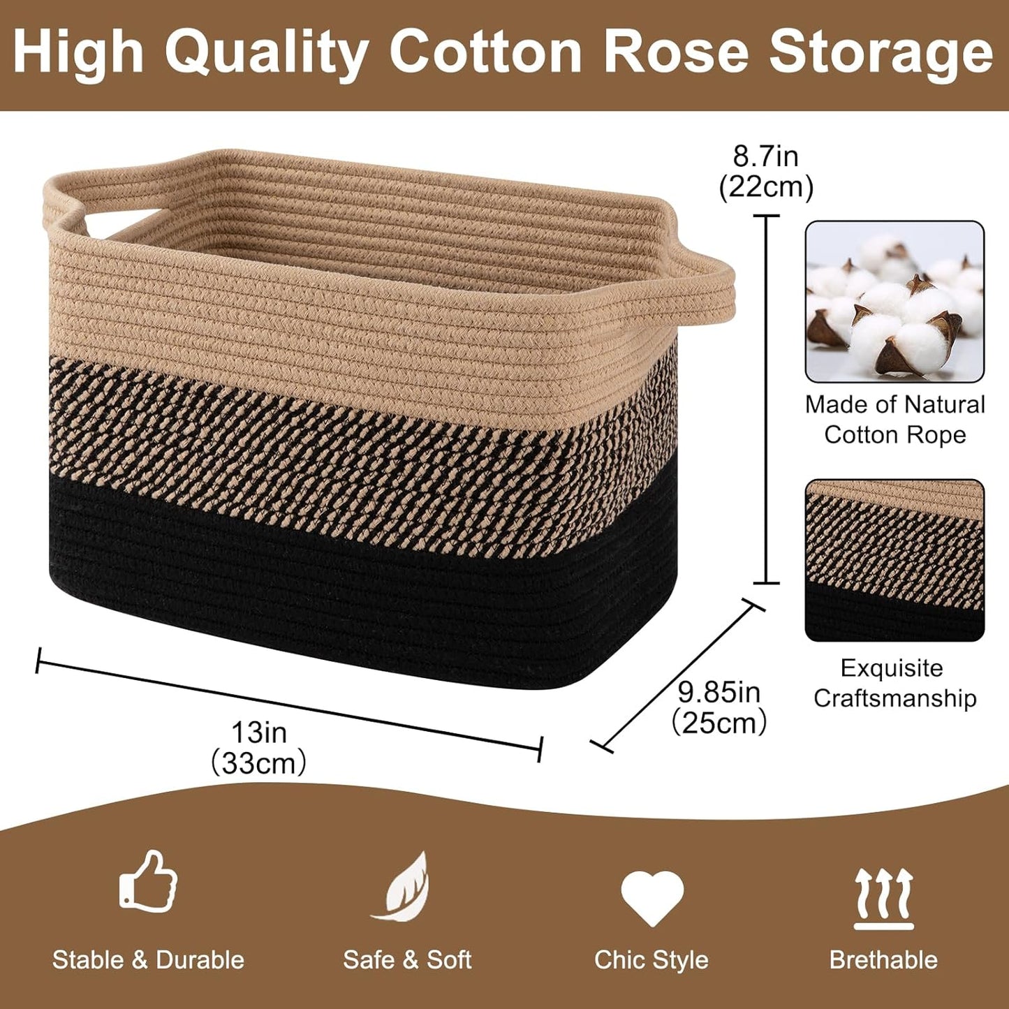 Storage Basket for Organizing, Woven Baskets for Storage, Rectangle Decorative Baskets for Shleves