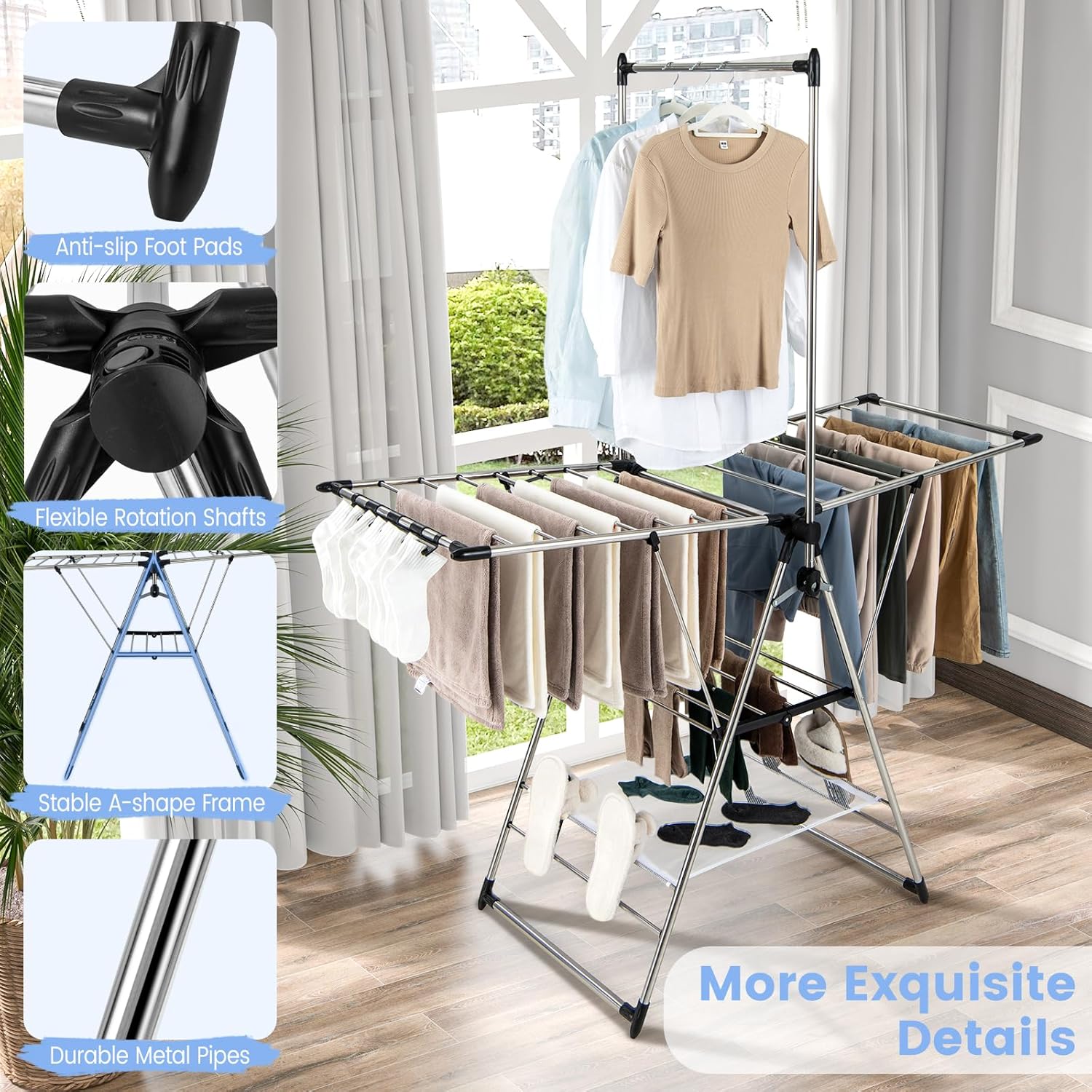 Giantex Clothes Drying Rack, Foldable Laundry Drying Rack with with 6-Level Adjustable Height, High