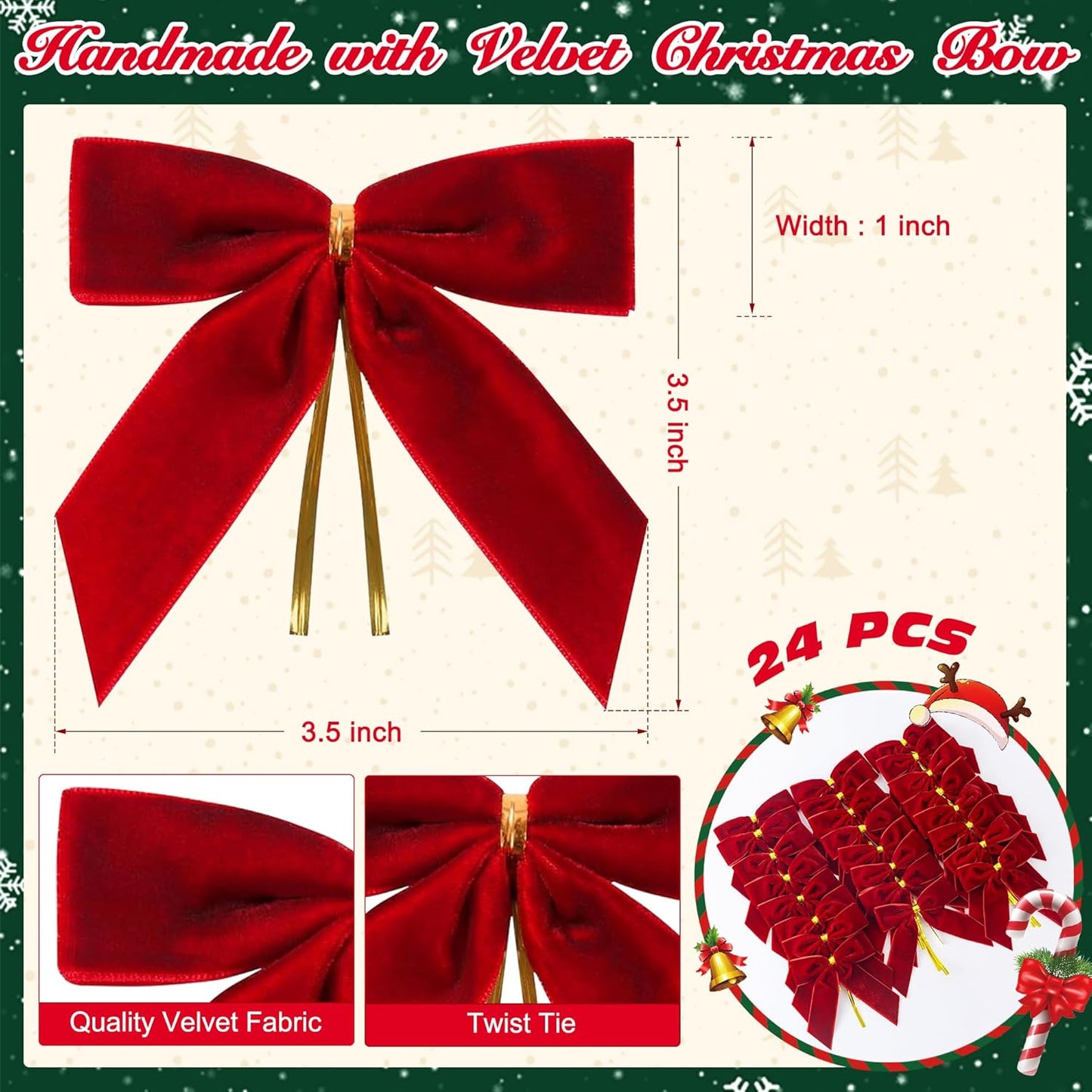 Burgundy Velvet Bows for Christmas Tree Decorations, 24 Pcs Premium Velvet Ribbon Bows, Christmas