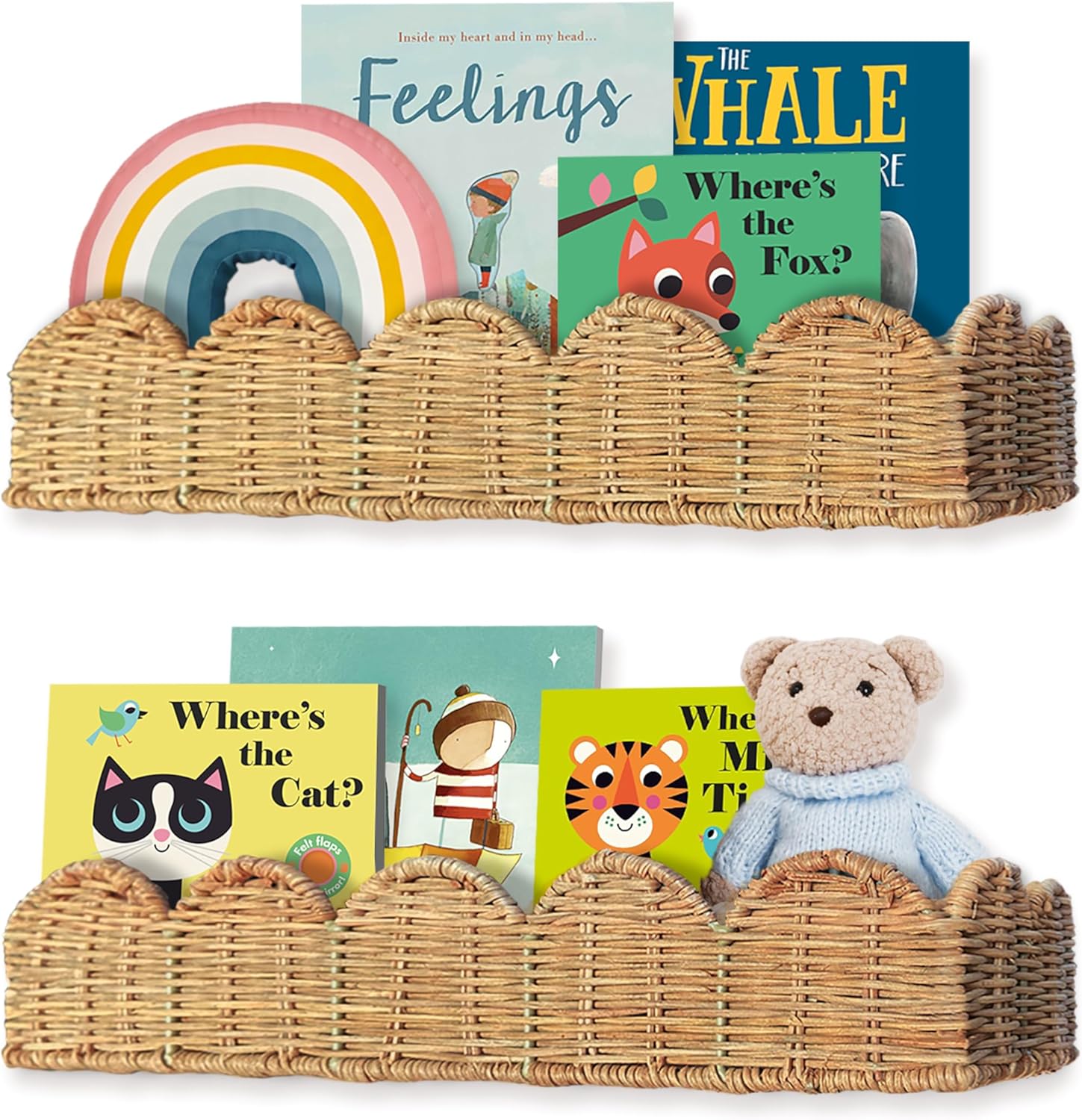 Nursery Book Shelves Set of 2 - Artisanal Natural Rattan Scalloped Book Shelf for Kids Rooms 15.8"