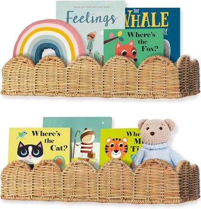 Nursery Book Shelves Set of 2 - Artisanal Natural Rattan Scalloped Book Shelf for Kids Rooms 15.8"