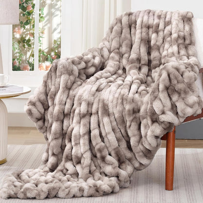 Touchat Ruched Faux Rabbit Fur Blanket, 700 GSM Luxury Dual-Sided Soft Cozy Blanket, Fuzzy Fluffy