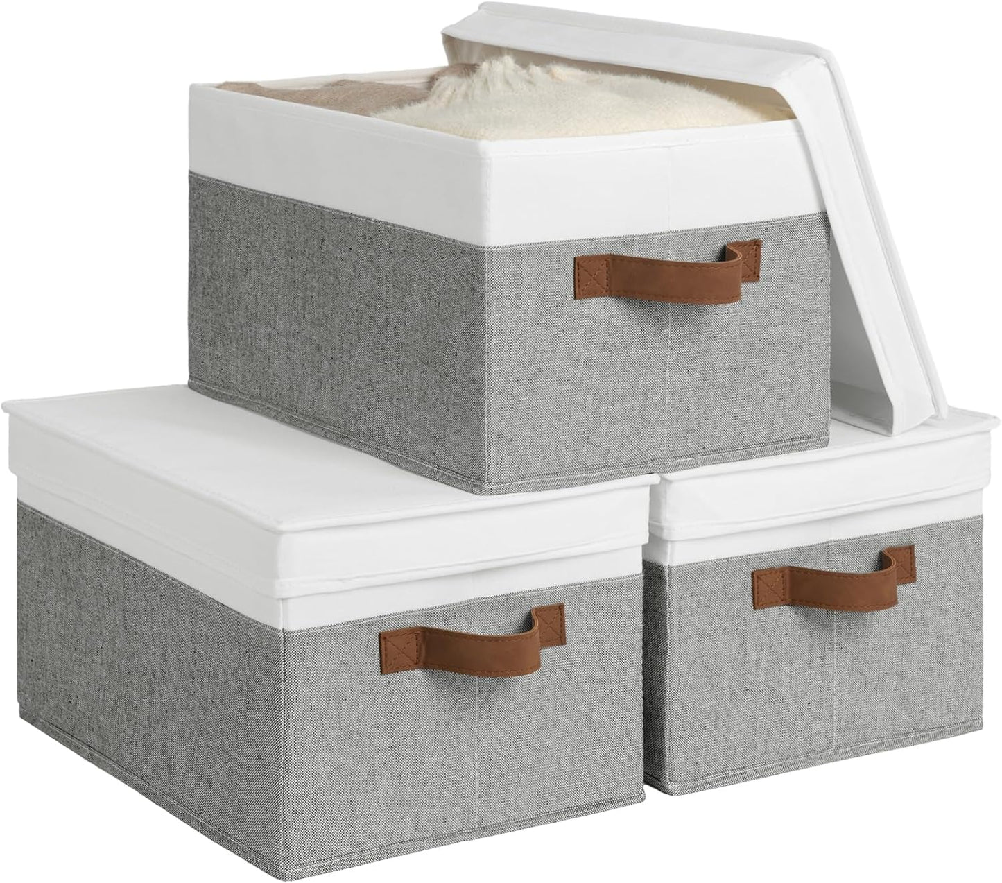 StorageWorks Large Storage Bins with Lids, Decorative Storage Boxes with Lid and PU Handles