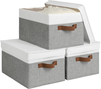 StorageWorks Large Storage Bins with Lids, Decorative Storage Boxes with Lid and PU Handles