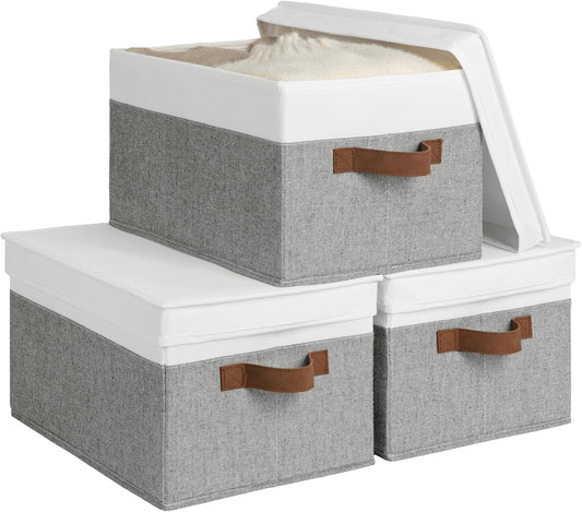 StorageWorks Large Storage Bins with Lids, Decorative Storage Boxes with Lid and PU Handles