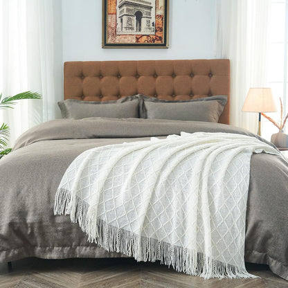 inhand Knitted Throw Blankets for Couch and Bed, Soft Cozy Knit Blanket with Tassel, Off White