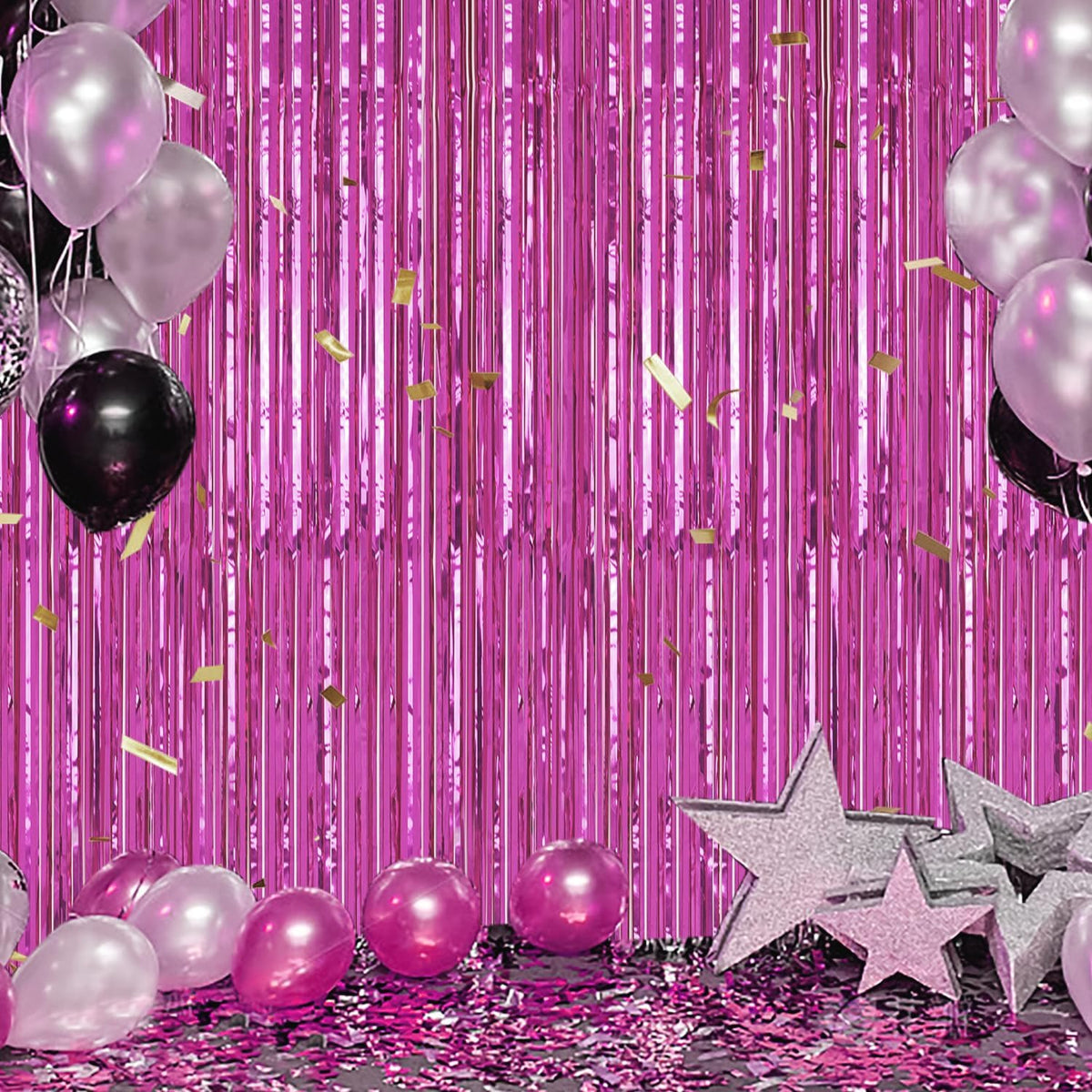 3 Pack Foil Fringe Backdrop - Hot Pink Shiny Tinsel Curtains for Party Decoration/Photo Booth Props