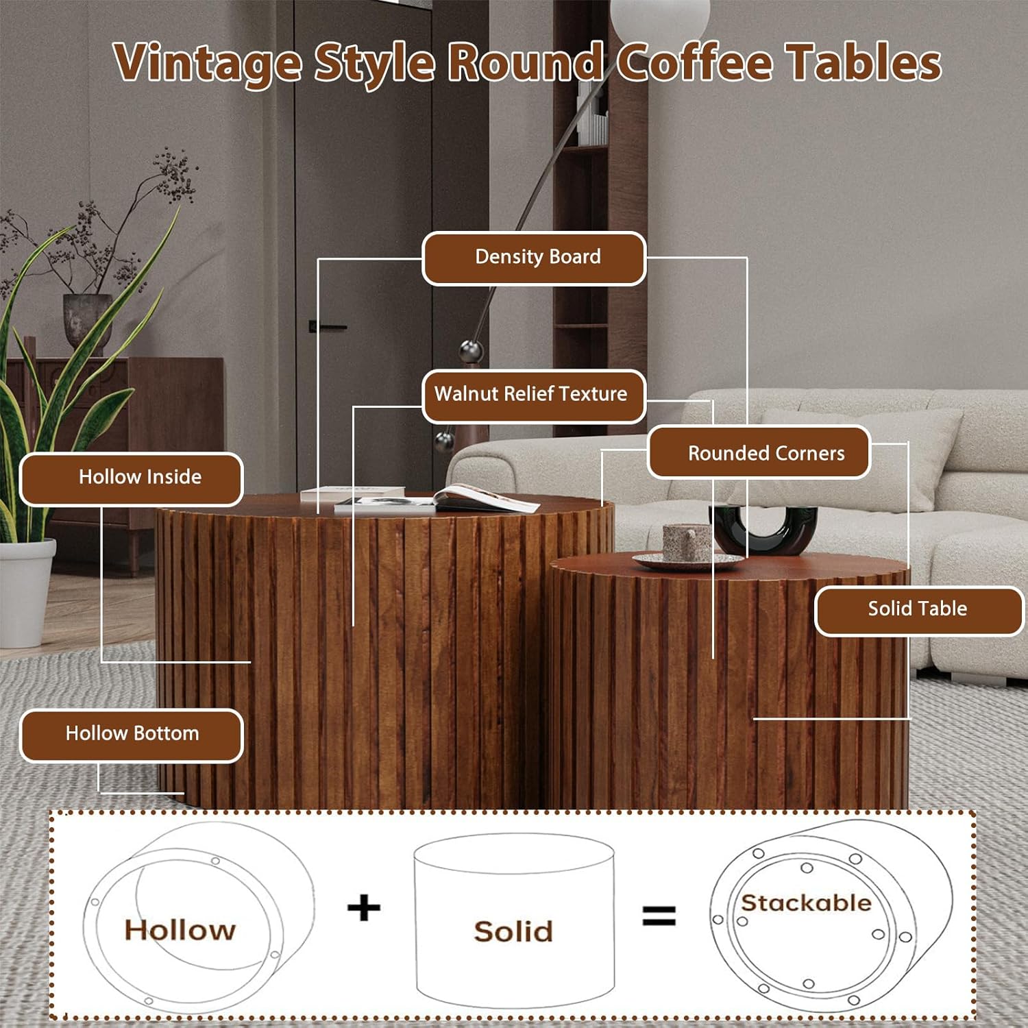 Round Nesting Coffee Table Set of 2 Modern Round Walnut Coffee Table Small Circular End Table Side