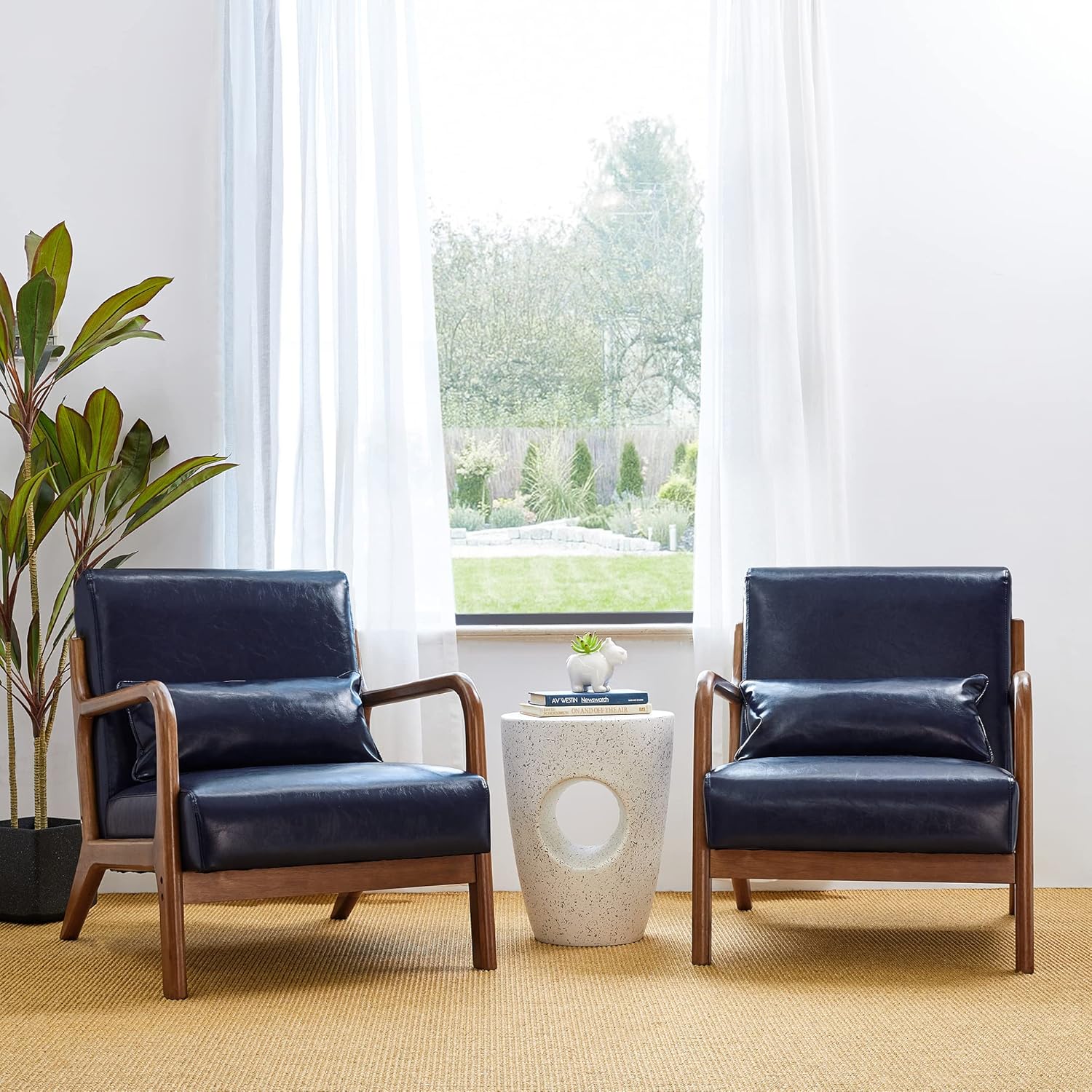 Glitzhome 2 Set Mid Century Navy Blue Accent Armchair, Single Reading Armchair PU Leather Lounge