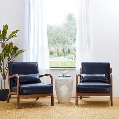 Glitzhome 2 Set Mid Century Navy Blue Accent Armchair, Single Reading Armchair PU Leather Lounge