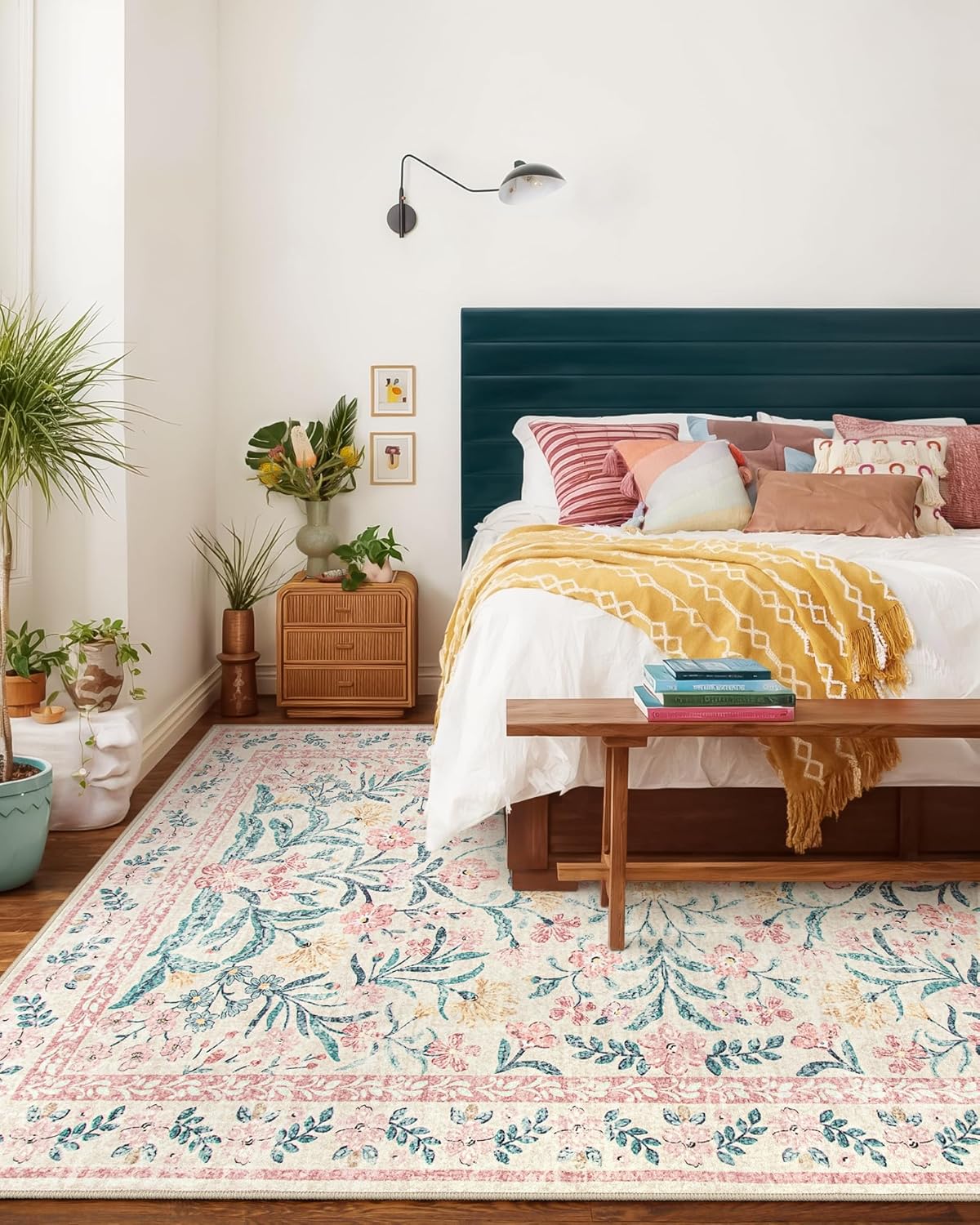 Wonnitar 8 x 10 Area Rugs for Living Room, Boho Large Washable Bedroom Rug 8x10, Soft Pink Floral