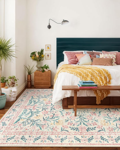 Wonnitar 8 x 10 Area Rugs for Living Room, Boho Large Washable Bedroom Rug 8x10, Soft Pink Floral