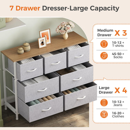 Sweetcrispy 7 Drawer Dresser for Bedroom Storage, Fabric Bins, Light Grey