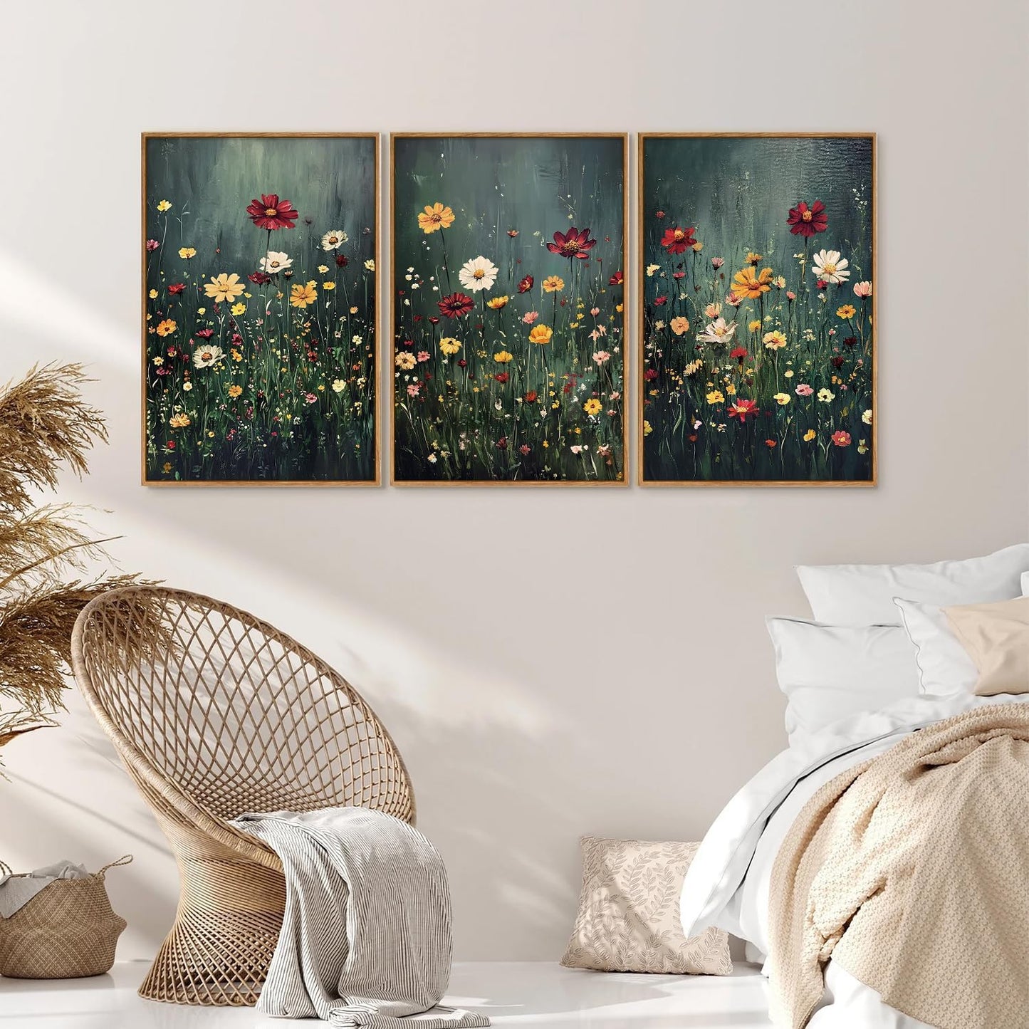 SIGNINART Vintage Floral Framed Canvas Wall Art, Dark Moody Wildflowers Wall Decor, Boho Abstract