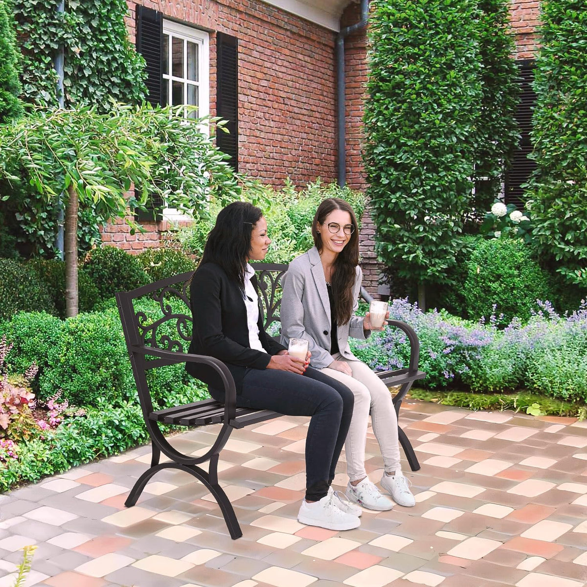 FDW Outdoor 50 Inches Garden Bench, Slatted Seat Armrests Floral Design Backres and Arch Legs