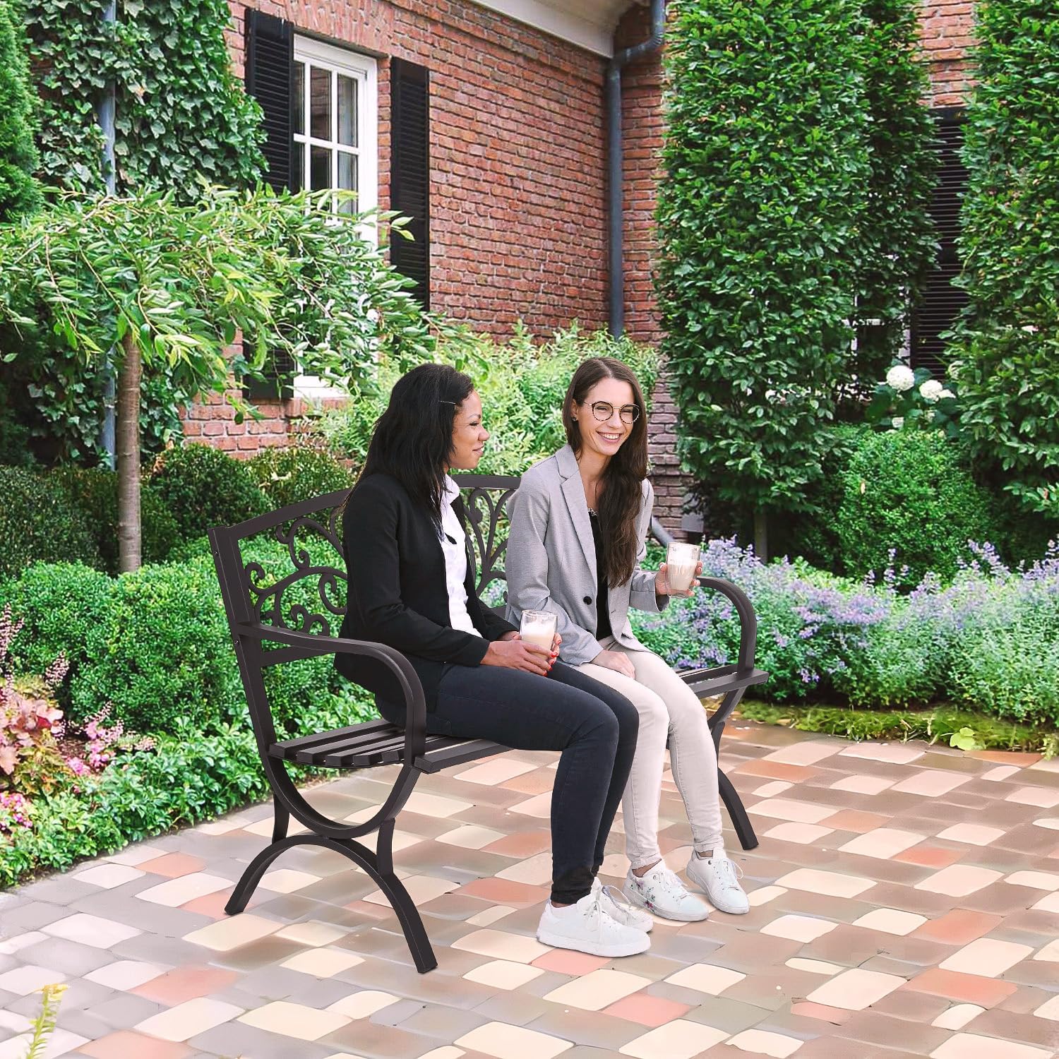 FDW Outdoor 50 Inches Garden Bench, Slatted Seat Armrests Floral Design Backres and Arch Legs