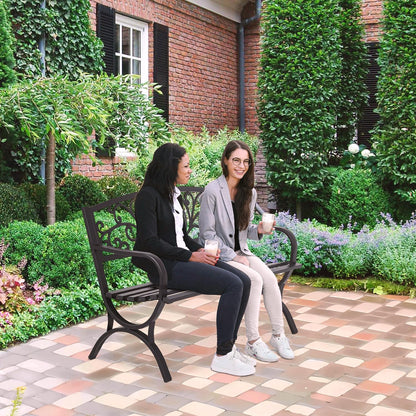 FDW Outdoor 50 Inches Garden Bench, Slatted Seat Armrests Floral Design Backres and Arch Legs