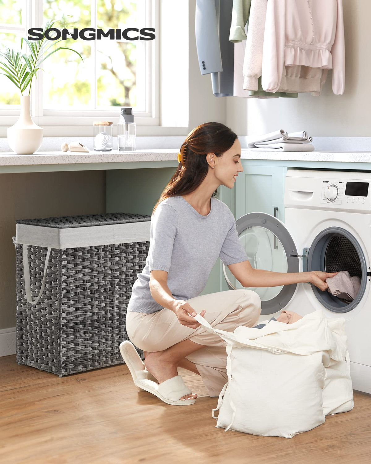 SONGMICS Laundry Hamper with Lid, 110L Double Wicker Basket, 6 Mesh Bags