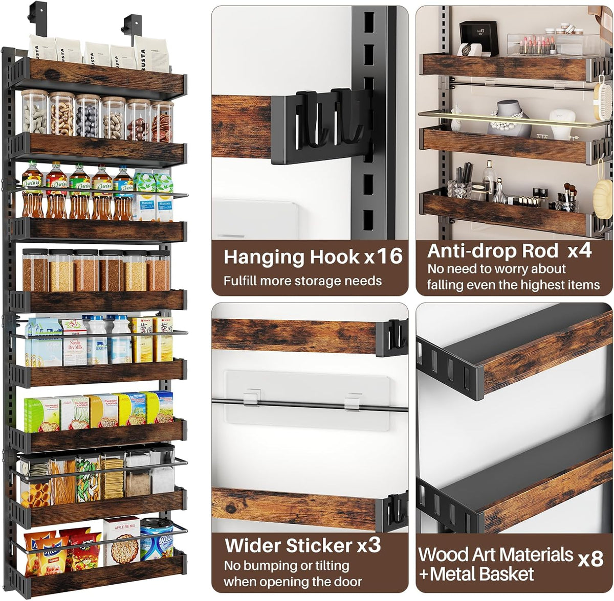 8 Tier Over The Door Pantry Organizer, 2 IN 1 Wall Mount or Metal Hanging Spice Rack for Pantry