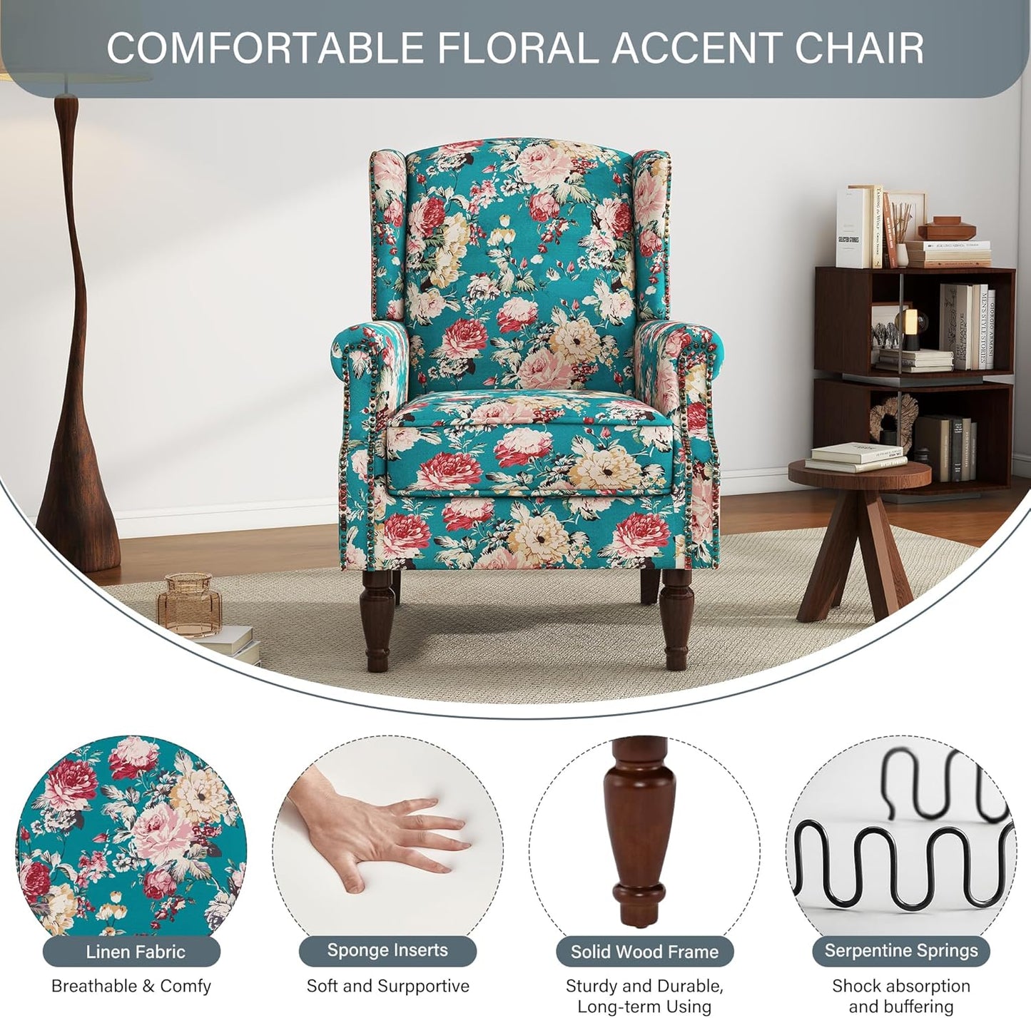 UIXE High Back Floral Accent Chair, Upholstered Armchair in Fabric, Retro Printed Wingback Arm