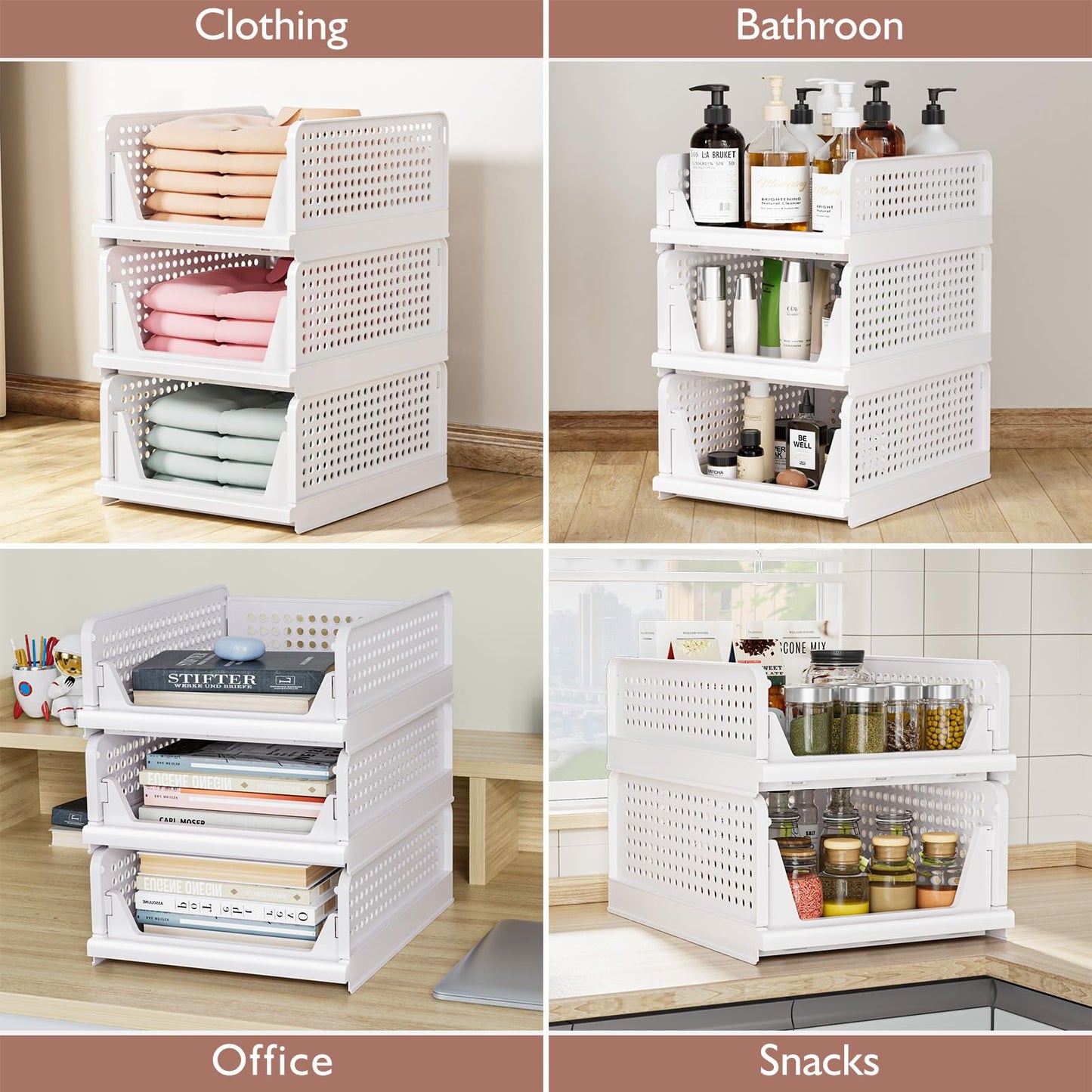 4 Pack Folding Closet Organizers Storage Box, Stackable Storage Bins, Plastic Drawer Basket Closet