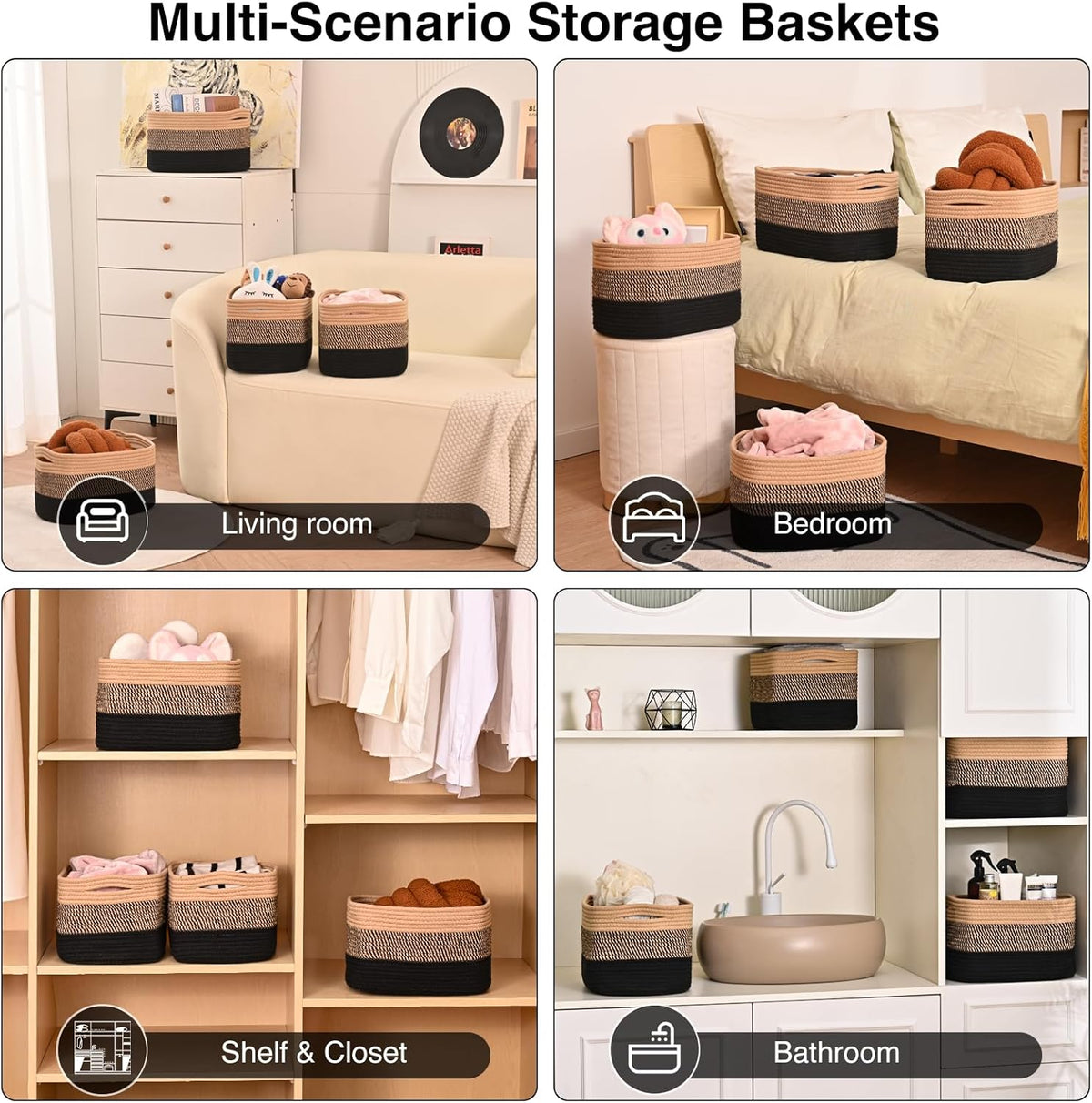 Storage Baskets for Shelves Organizing, Woven Cotton Rope Baskets for Storage, Book Basket, Towel