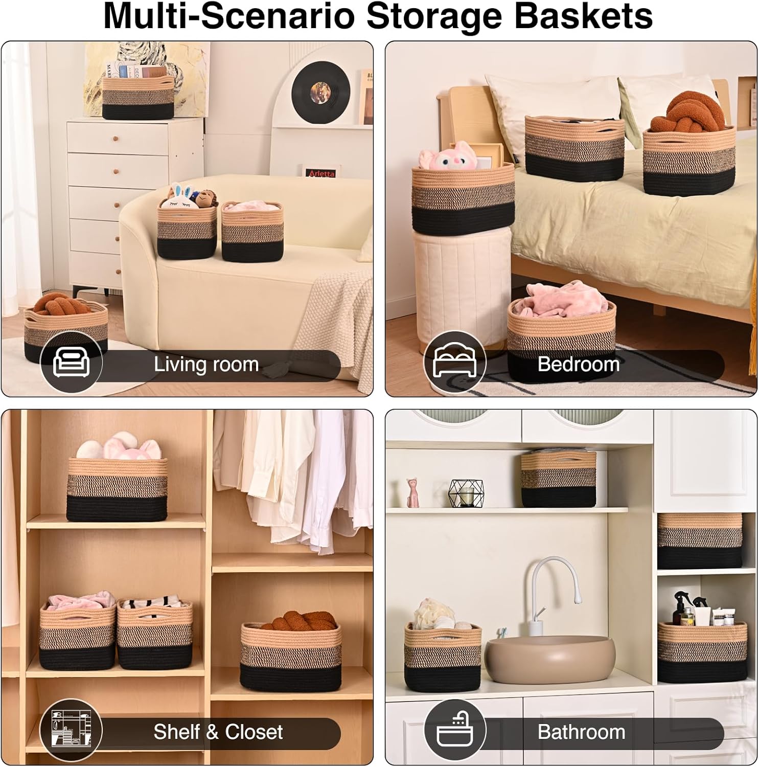 Storage Baskets for Shelves Organizing, Woven Cotton Rope Baskets for Storage, Book Basket, Towel