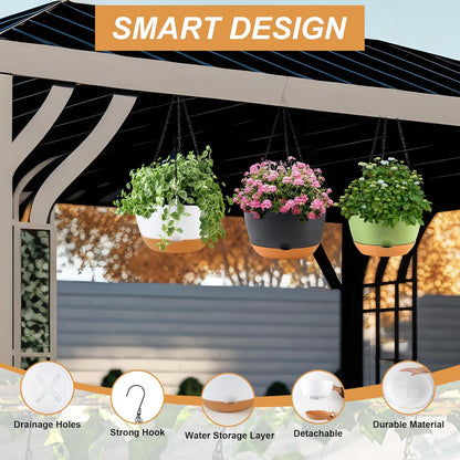 10 inch Plant Pot Hanging Planters Self Watering Pots for Indoor Plants, 3 Pack Plastic Hanging