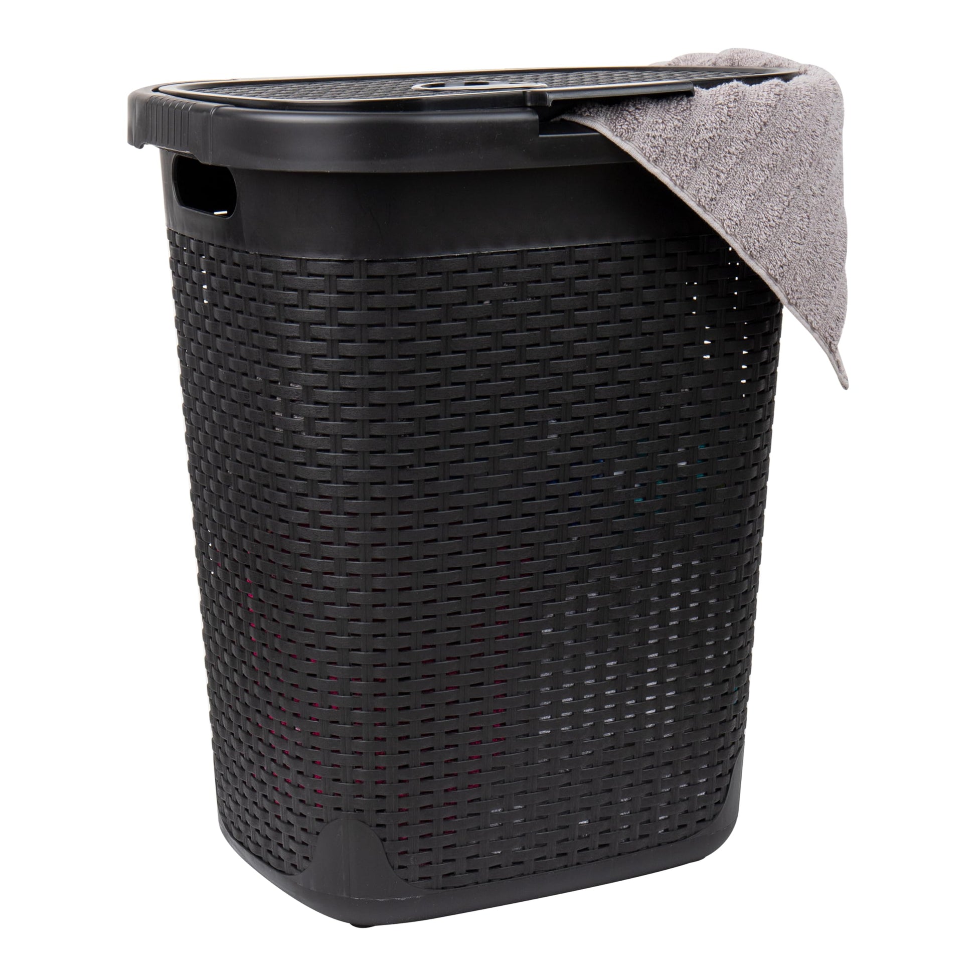 Mind Reader Slim Laundry Hamper with Lid, 50L Clothes Basket, Premium Wicker Design, Plastic, Black