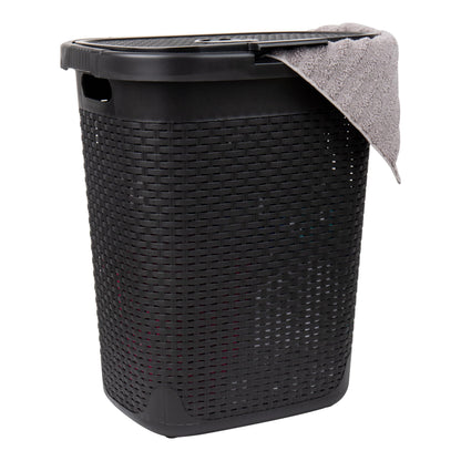 Mind Reader Slim Laundry Hamper with Lid, 50L Clothes Basket, Premium Wicker Design, Plastic, Black