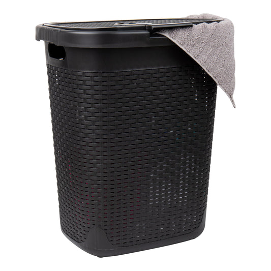 Mind Reader Slim Laundry Hamper with Lid, 50L Clothes Basket, Premium Wicker Design, Plastic, Black