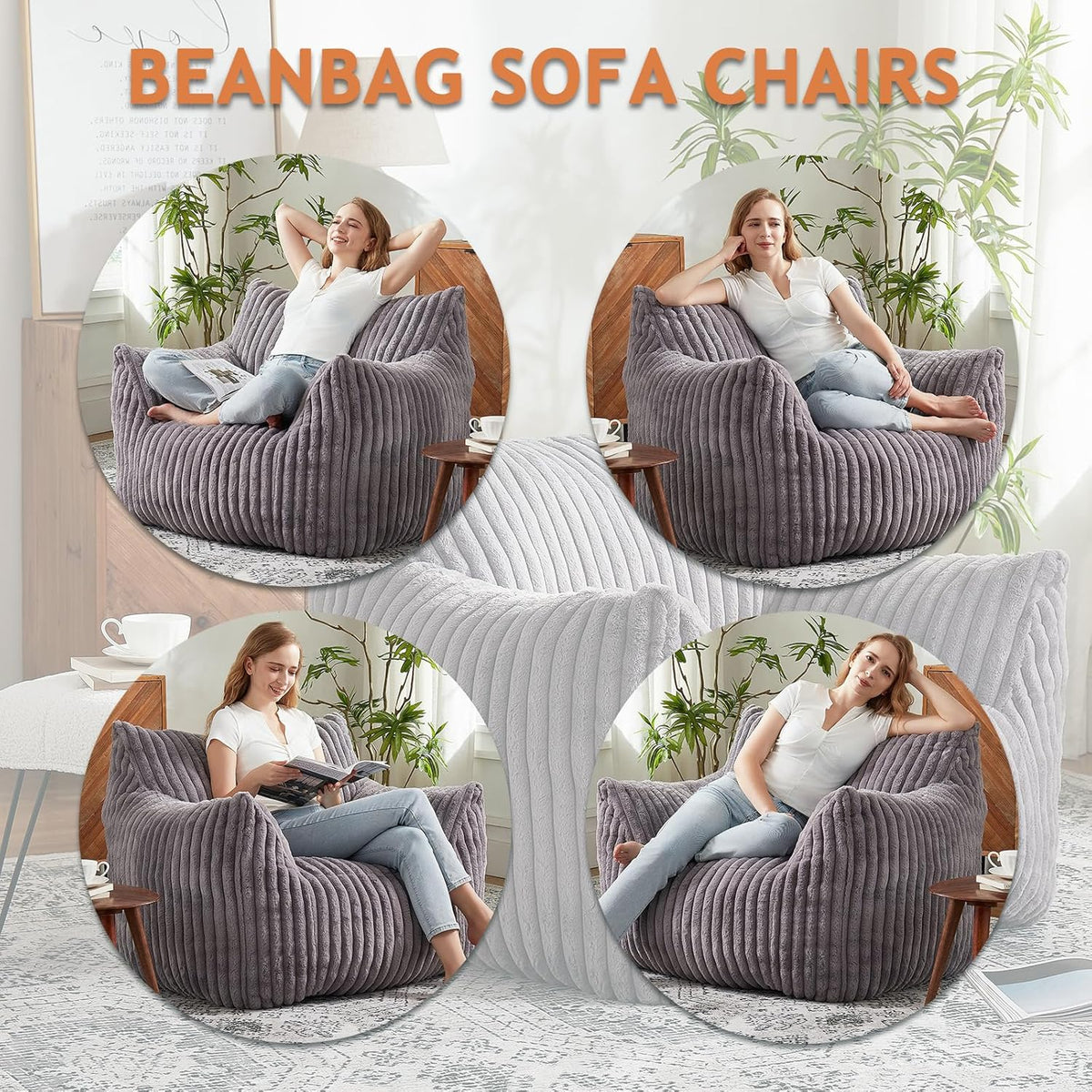 Giant Bean Bag Chairs for Adults with Filling Plush Fluffy Bean Bag Chairs for Teens with Armrests