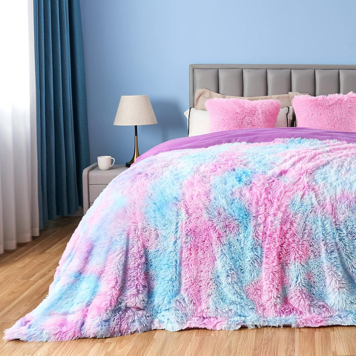 GONAAP Fuzzy Faux Fur Throw Blanket Queen Size Purple Rainbow Super Soft Cozy Plush Fuzzy Shaggy
