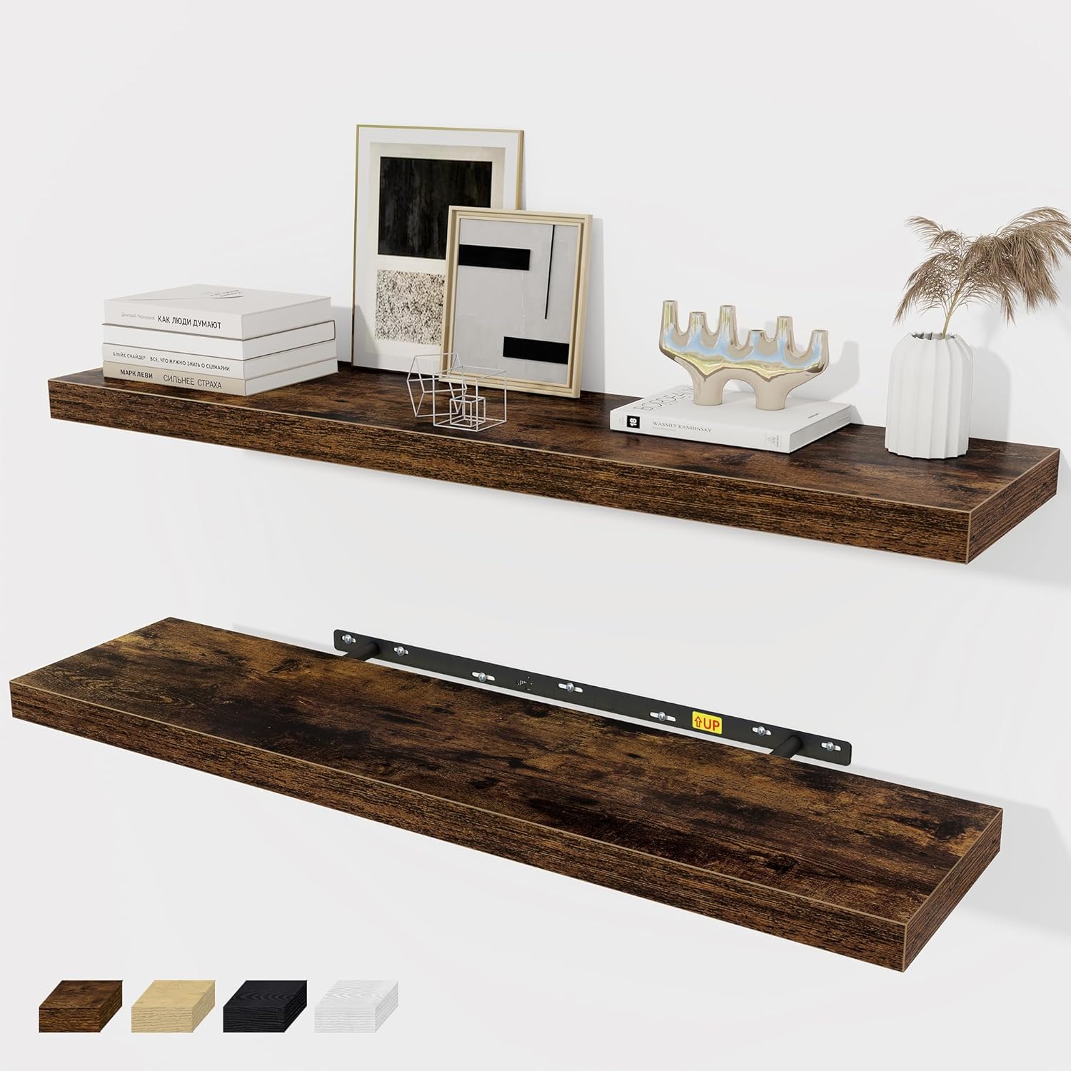 Fun Memories 36 x 8 Inch Floating Shelves for Wall, Farmhouse Bathroom Shelves Set of 2, Wood Wall