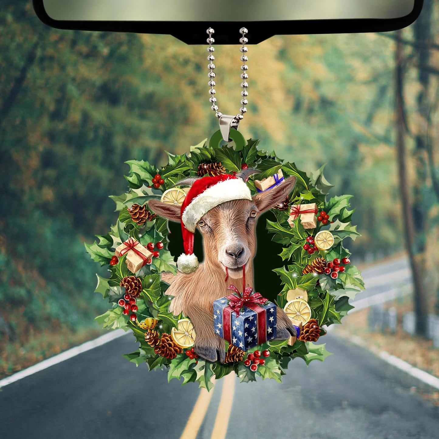 Talataca Goat Wearing A Christmas Hat Wreath Farm Lover 2D Flat Car Rear View Mirror Accessories