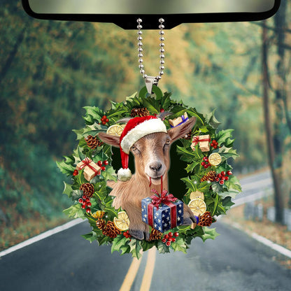Talataca Goat Wearing A Christmas Hat Wreath Farm Lover 2D Flat Car Rear View Mirror Accessories