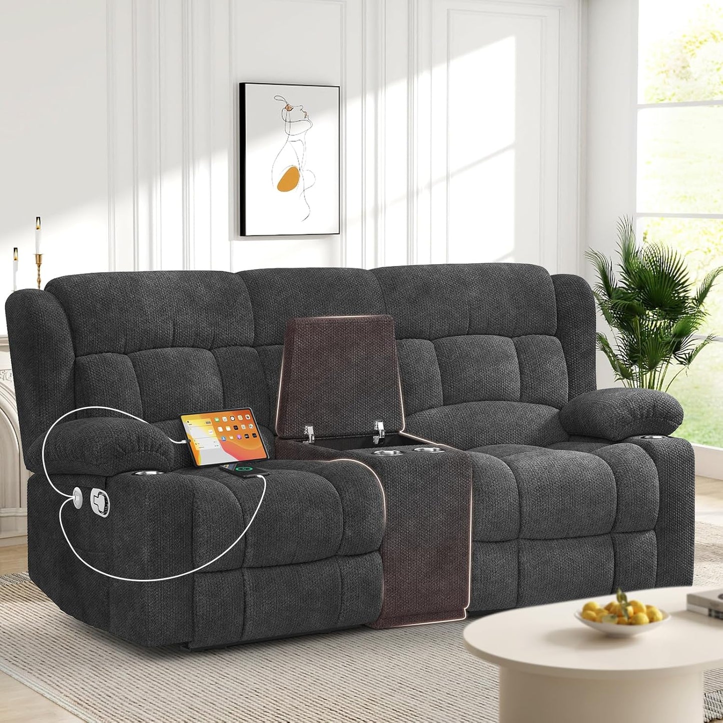 Loveseat Recliner Sofa, 2 Seater Curved Sofa for Living Room, Fabric Manual Pull Tab Reclining