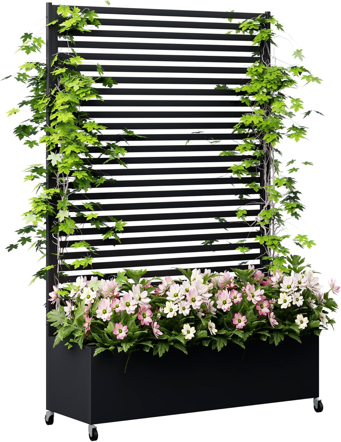 Metal Planter Box with Trellis Privacy Screen, Raised Garden Bed with Trellis & Wheels, Privacy