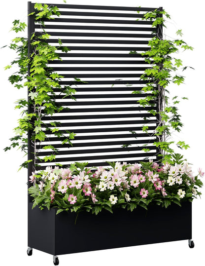 Metal Planter Box with Trellis Privacy Screen, Raised Garden Bed with Trellis & Wheels, Privacy