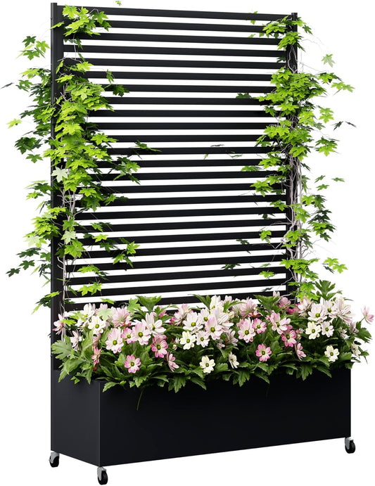 Metal Planter Box with Trellis Privacy Screen, Raised Garden Bed with Trellis & Wheels, Privacy