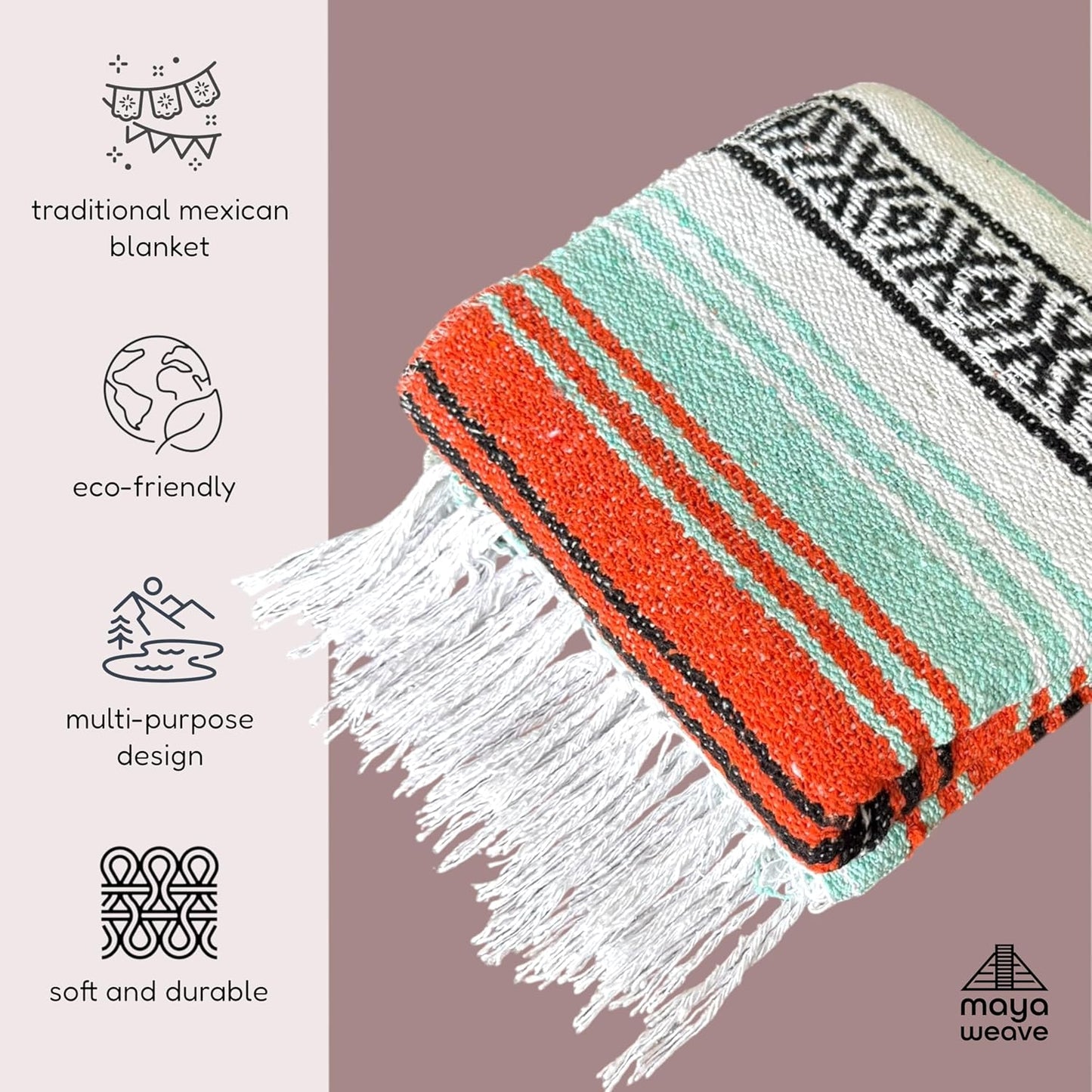 Traditional Handwoven Mexican Blanket, Large Falsa Serape - Soft & Durable - Vibrant Beach, Picnic