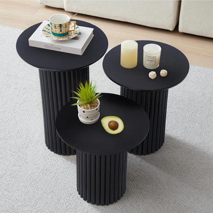 Round Nesting Coffee Table Set of 3,Mid Century Modern Fluted Coffee and End Table Set,Small Circle