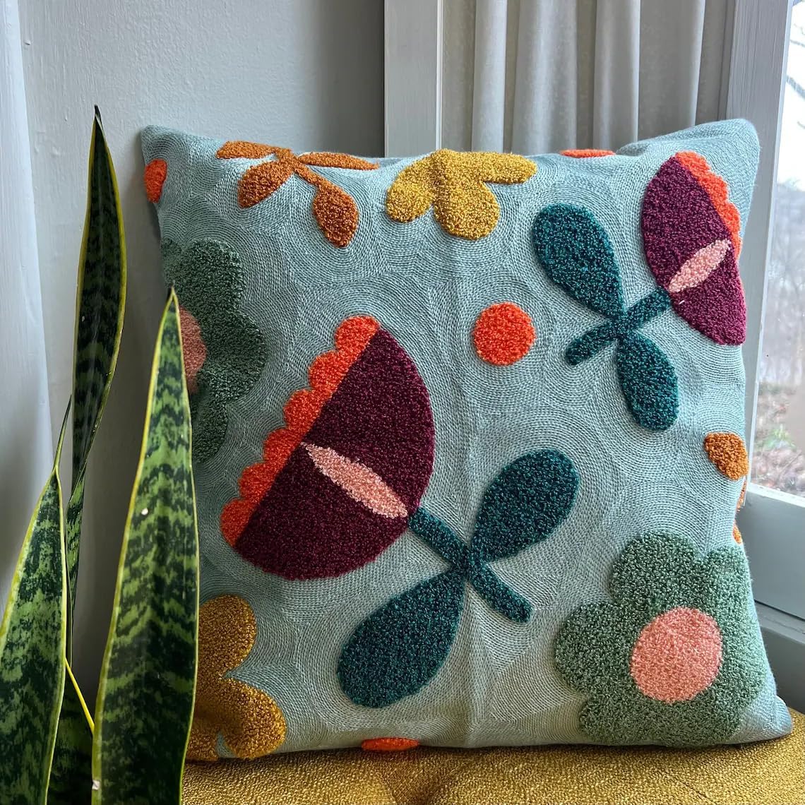 MOCOFO Canvas Embroidered Throw Pillow Cover with Flower Spring Embroidery Craft Modern Simple Sofa