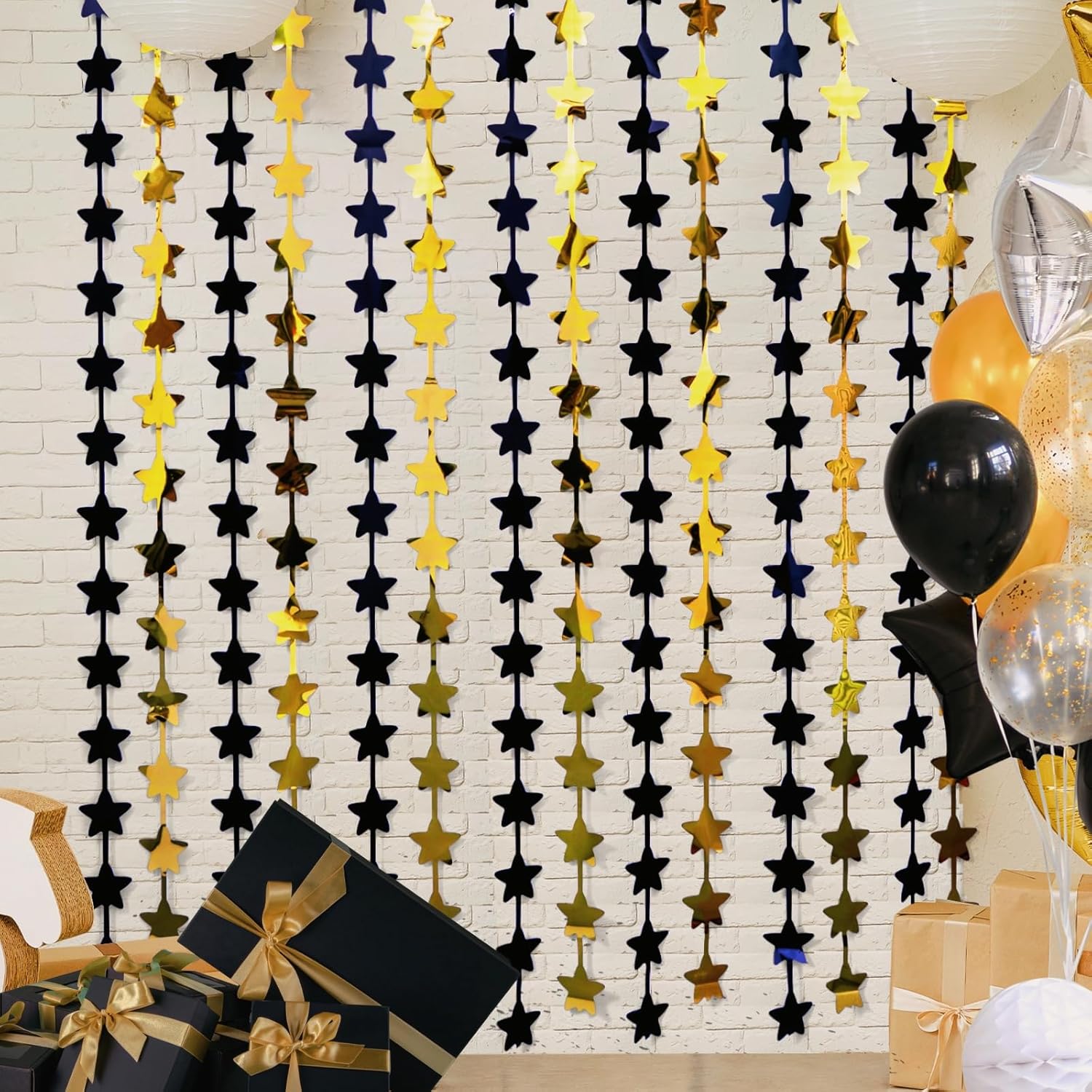 LOLStar Black and Gold Star Birthday Party Decorations 2Pack 3.3X6.6 ft Golden Photo Booth Props