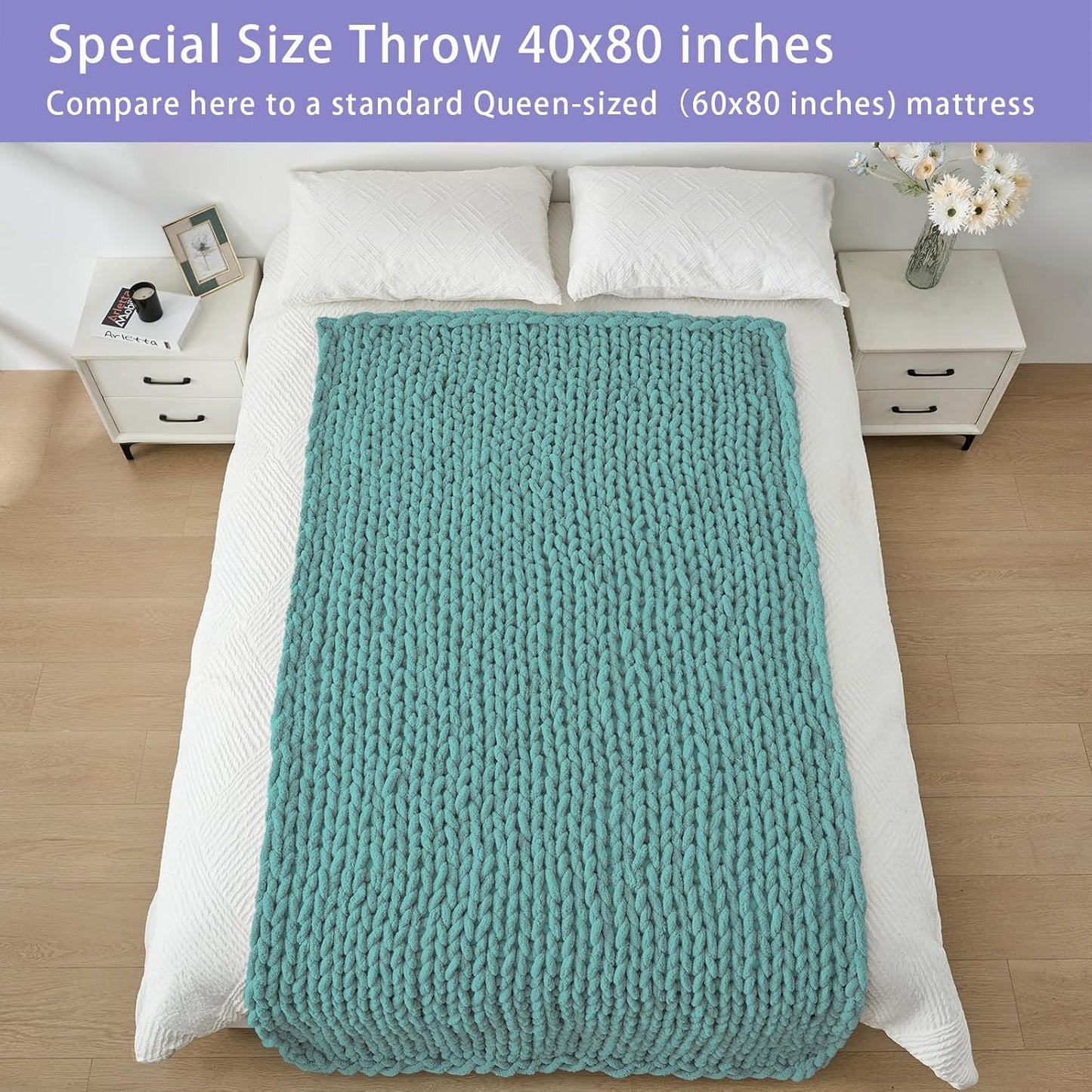 Bigacogo Chunky Knit Throw Blanket for Couch, 40x80 inches, 100% Hand Knitted with Thick Jumbo
