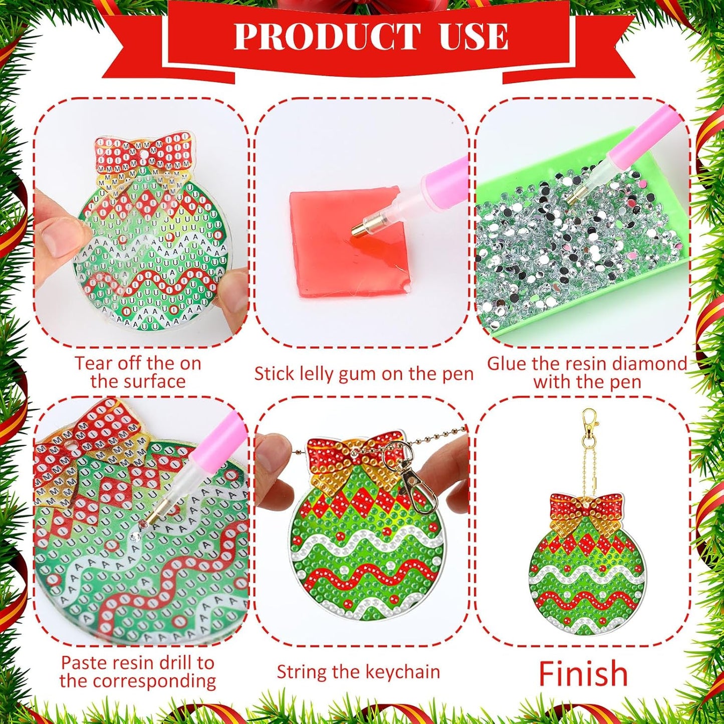 Tondiamo 20 Pcs Christmas Diamond Painting Keychain Kits 5D DIY Diamond Art Pendants Double Sided