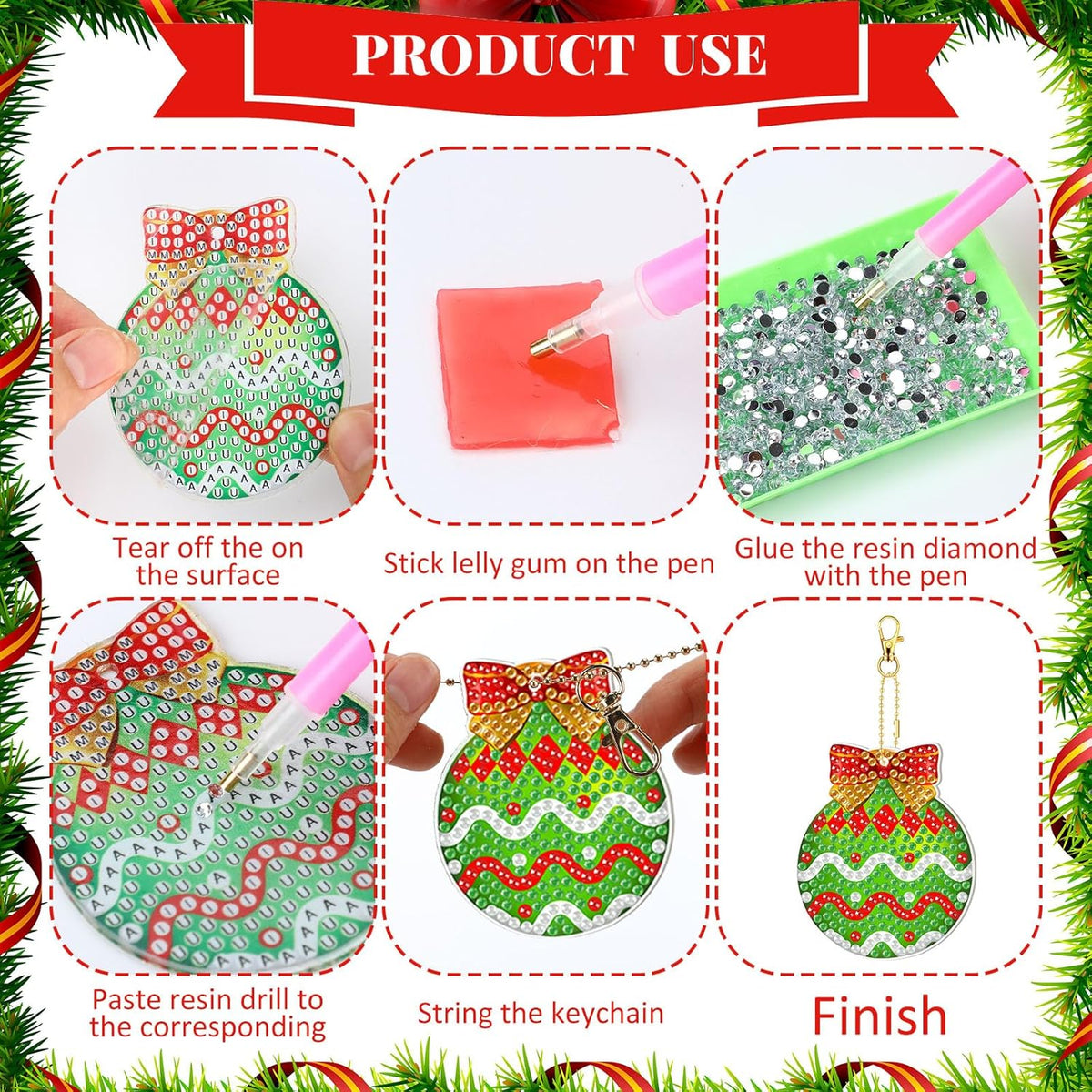 Tondiamo 20 Pcs Christmas Diamond Painting Keychain Kits 5D DIY Diamond Art Pendants Double Sided