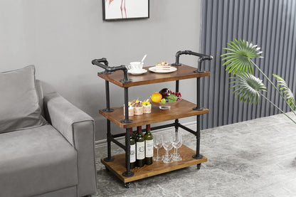 Industrial Pipe Bar Carts/Serving Carts/Kitchen Carts/Wine Rack Carts on Wheels with Shelves - Wood